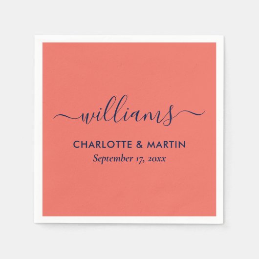 スクリプモダントNavy BlueとCoral結婚の スタンダードカクテルナプキン (正面)