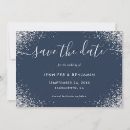スクリプモダントNavy Blue and Silverグリッター結婚 セーブザデート