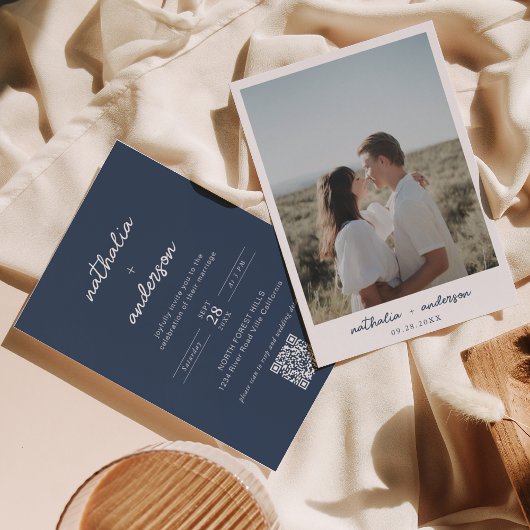 スクリプモダントNavy Blue Photo QRコード結婚s 招待状