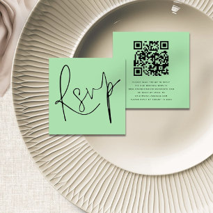 スクリプモダントQRコードCeladon緑の結婚式RSVP エンクロージャーカード