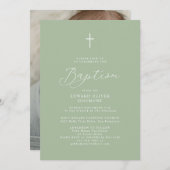 スクリプモダントSageグリーンベビー写真バプテスマ 招待状 (正面/裏面)