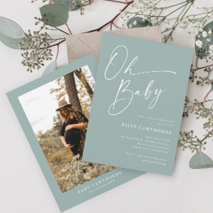 スクリプモダントSage Green写真ベビーシャワー 招待状