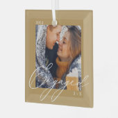 スクリプ婚約したトモダン・カップル写真&モノグラム ガラスオーナメント (正面左)