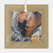 スクリプ婚約したトモダン・カップル写真&モノグラム ガラスオーナメント (正面)