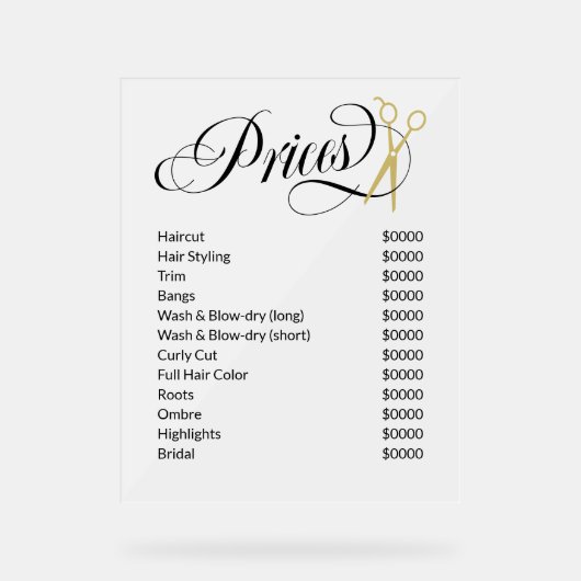 スクリプ渦巻形のト金ゴールドはさみ髪サロン価格表 アクリルサイン (正面)