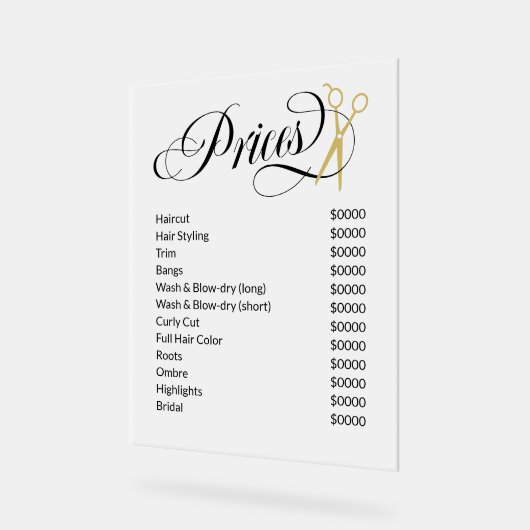 スクリプ渦巻形のト金ゴールドはさみ髪サロン価格表 アクリルサイン (傾斜)