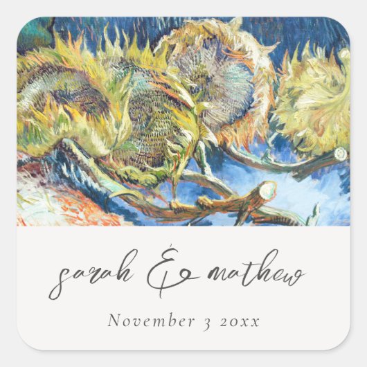 スクリプ素朴トブルーイエローサンフラワー結婚ズ スクエアシール (正面)