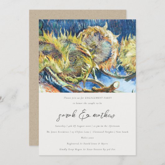 スクリプ素朴トミニマルイエローサンフラワー婚約 招待状 (正面/裏面)