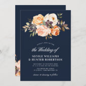 スクリプ素朴ト秋フローラネイビー結婚ブルー 招待状 (正面/裏面)