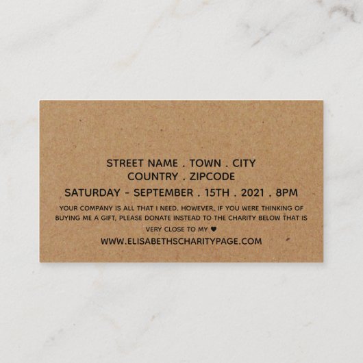 スクリプ素朴ト、カントリークラフト誕生日パーティーチケット エンクロージャーカード (裏面)