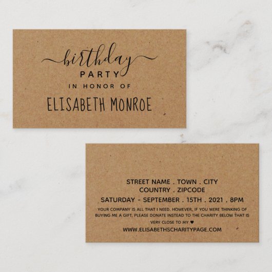 スクリプ素朴ト、カントリークラフト誕生日パーティーチケット エンクロージャーカード (正面/裏面)