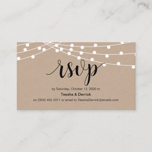 スクリプ素朴ト、クラフト、ストリングライト、ウェディングRSVP エンクロージャーカード (正面)