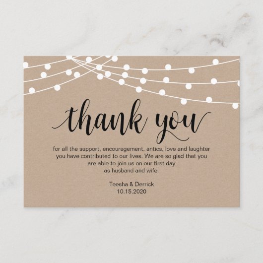 スクリプ素朴ト、ストリングライト、結婚s Thank you エンクロージャーカード (正面)
