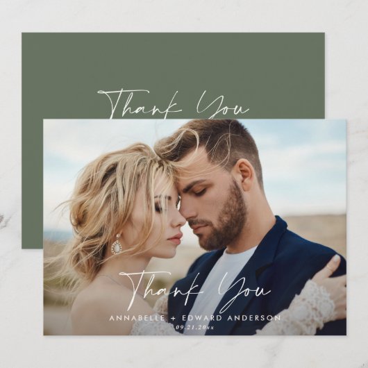 スクリプ結婚ト写真感謝していの緑のセージモダン サンキューカード (正面/裏面)