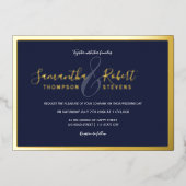 スクリプ縁どト金ゴールドネイビーブルー結婚フォト 箔招待状 (正面)