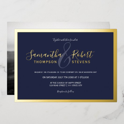 スクリプ縁どト金ゴールドネイビーブルー結婚フォト 箔招待状 (正面/裏面)
