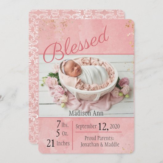 スクリプ賛美トベビーガールのパーソナエレガントライズ誕生 案内状 (正面/裏面)