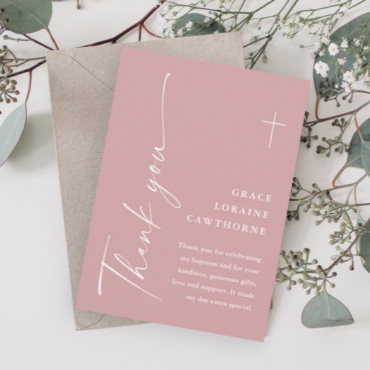 スクリモダンッエレガントクスほこりっぽいピンクの女の子のバプテスマ サンキューカード