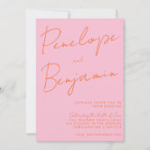 スクリモダンプト手書き結婚のピンク色オレンジ 招待状 (正面)