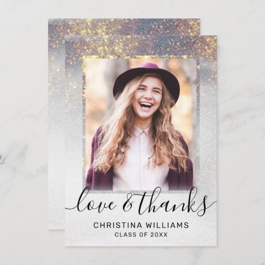 スクリモダンプト金ゴールドグリッター2の写真の卒業 サンキューカード (正面/裏面)