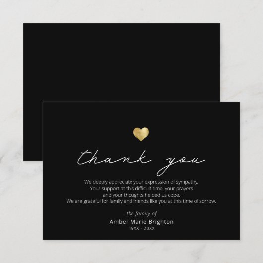 スクリモダンプト金ゴールドハート悔やみや弔慰サンキューカード サンキューカード (正面/裏面)
