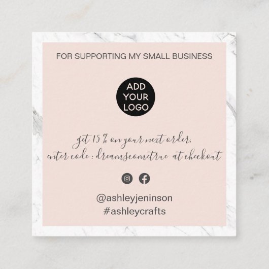 スクリモダン感謝していプト注文マーブル赤面ピンク スクエア名刺 (裏面)