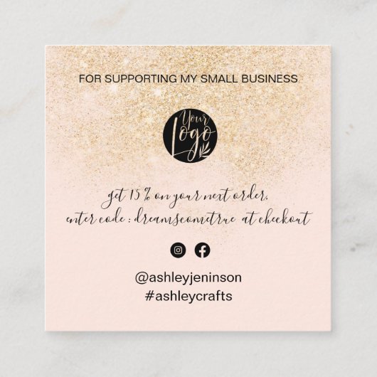 スクリモダン感謝していプト注文金ゴールド赤面ピンク スクエア名刺 (裏面)