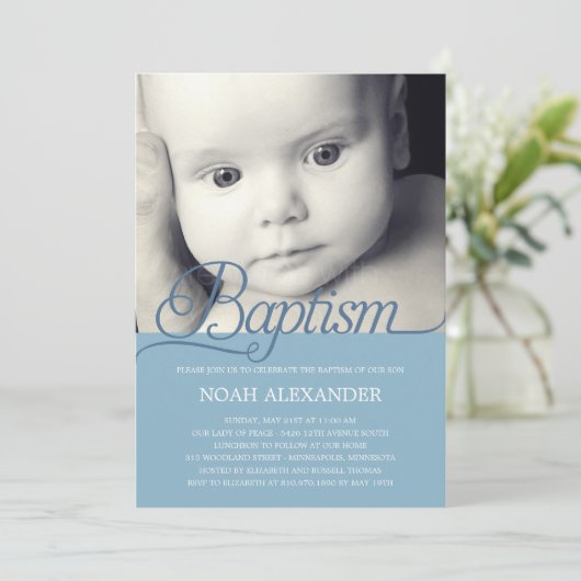 スクリ大切プト写真バプティスマス招待状-青 招待状 (スタンド正面)
