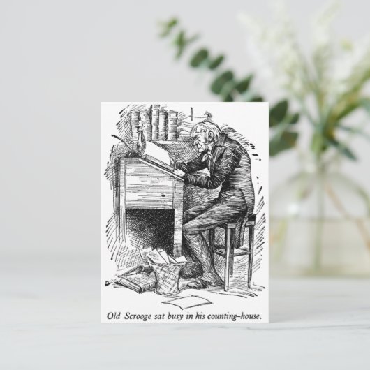スクルージは自分の机に向かって(文字を持って) ポストカード (スタンド正面)