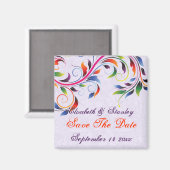 スクロカラフルール葉の紫色の結婚式の日付を保存 マグネット (正面/裏面)