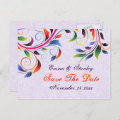スクロカラフルール葉の紫色の結婚式の日付を保存 案内ポストカード (正面/裏面)