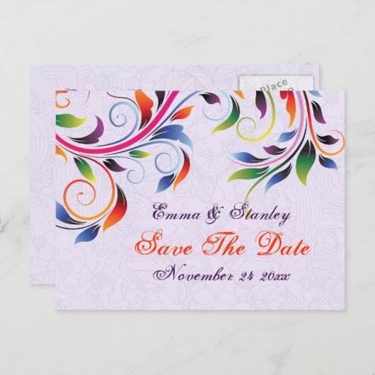 スクロカラフルール葉の紫色の結婚式の日付を保存 案内ポストカード (正面/裏面)