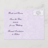 スクロカラフルール葉の紫色の結婚式の日付を保存 案内ポストカード (裏面)