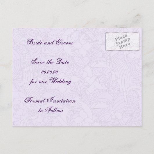 スクロカラフルール葉の紫色の結婚式の日付を保存 案内ポストカード (裏面)