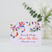 スクロカラフルール葉の紫色の結婚式の日付を保存 案内ポストカード (スタンド正面)