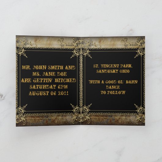 スクロールが飾られたカントリーウェスタンのサルーンでの結婚式 サンキューカード (内部)