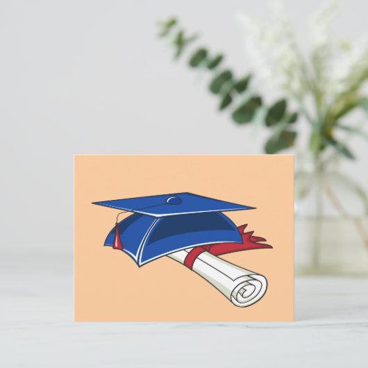 スクロールと赤い帯を持つ青い卒業帽子 案内ポストカード (スタンド正面)