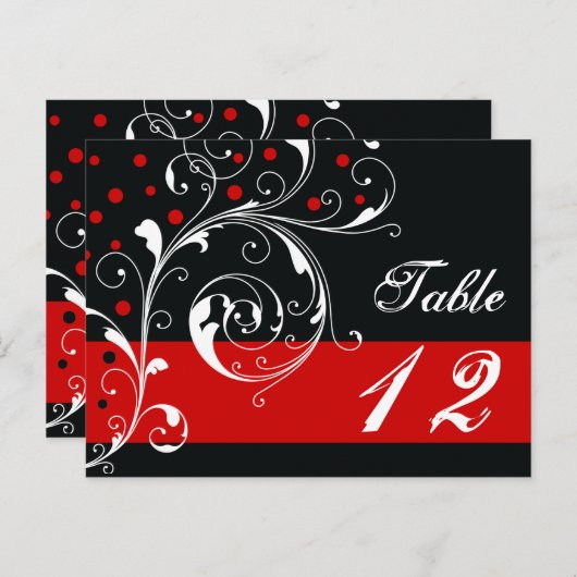 スクロールのリーフを黒結婚に、赤のテーブル番号 ポストカード (正面/裏面)