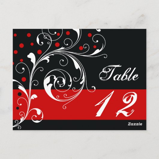 スクロールのリーフを黒結婚に、赤のテーブル番号 ポストカード (裏面)