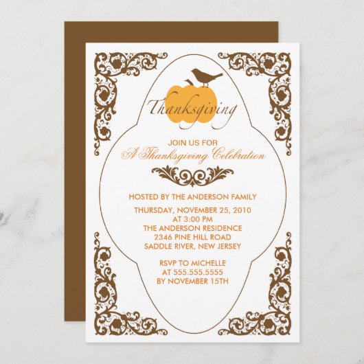 スクロールエレガントパンプキン感謝祭招待状 招待状 (正面/裏面)