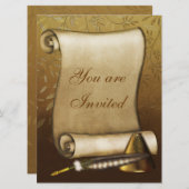 スクロールエレガント、クイル、インクウェル 招待状 (正面/裏面)