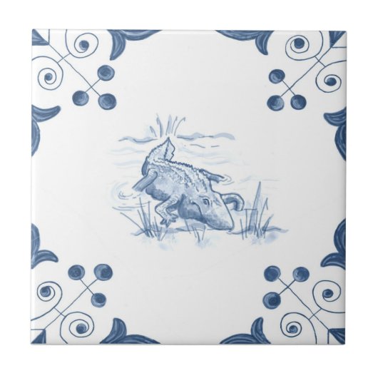 スクロールコーナーが付いているデルフトのわにタイル タイル (正面)