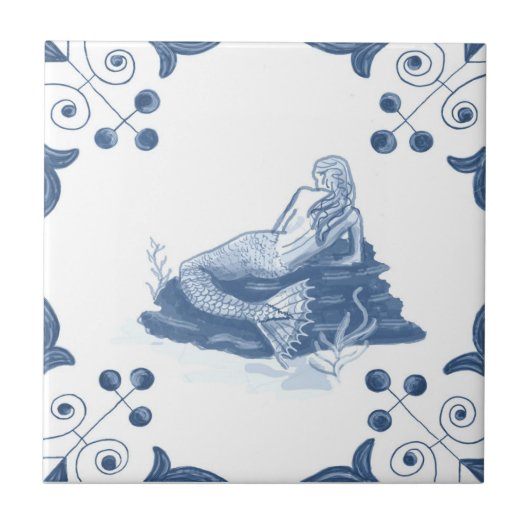 スクロールコーナーが付いているデルフトの人魚のタイル タイル (正面)