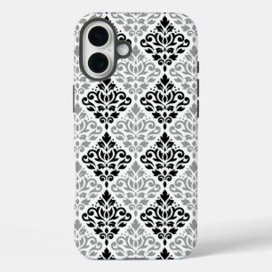 スクロールダマスクの大きなパターン黒灰色の白 iPhone 16 PLUSケース