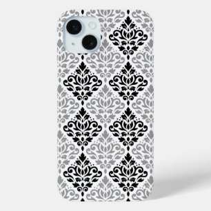 スクロールダマスクの大きなパターン黒灰色の白 iPhone 15 MINIケース