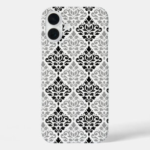 スクロールダマスクの大きなパターン黒灰色の白 iPhone 16 PLUSケース