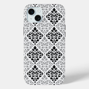 スクロールダマスクの大きなパターン黒灰色の白 iPhone 15 MINIケース