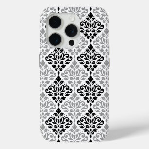 スクロールダマスクの大きなパターン黒灰色の白 iPhone 15 PROケース