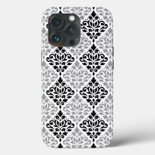 スクロールダマスクの大きなパターン黒灰色の白 iPhone 13 PROケース