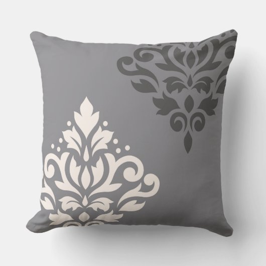 スクロールダマスクアートIクリーム&グレー クッション (正面)